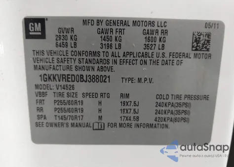 2011 GMC Acadia Slt-1 z USA, uszkodzony, nr VIN 1GKKVRED0BJ388021